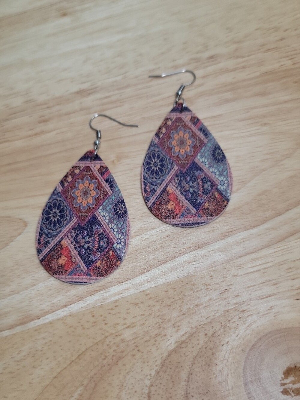 Boho Teardrop Geometric Floral Patterned Drop Earrings Colorful 2 1/4" Drop New